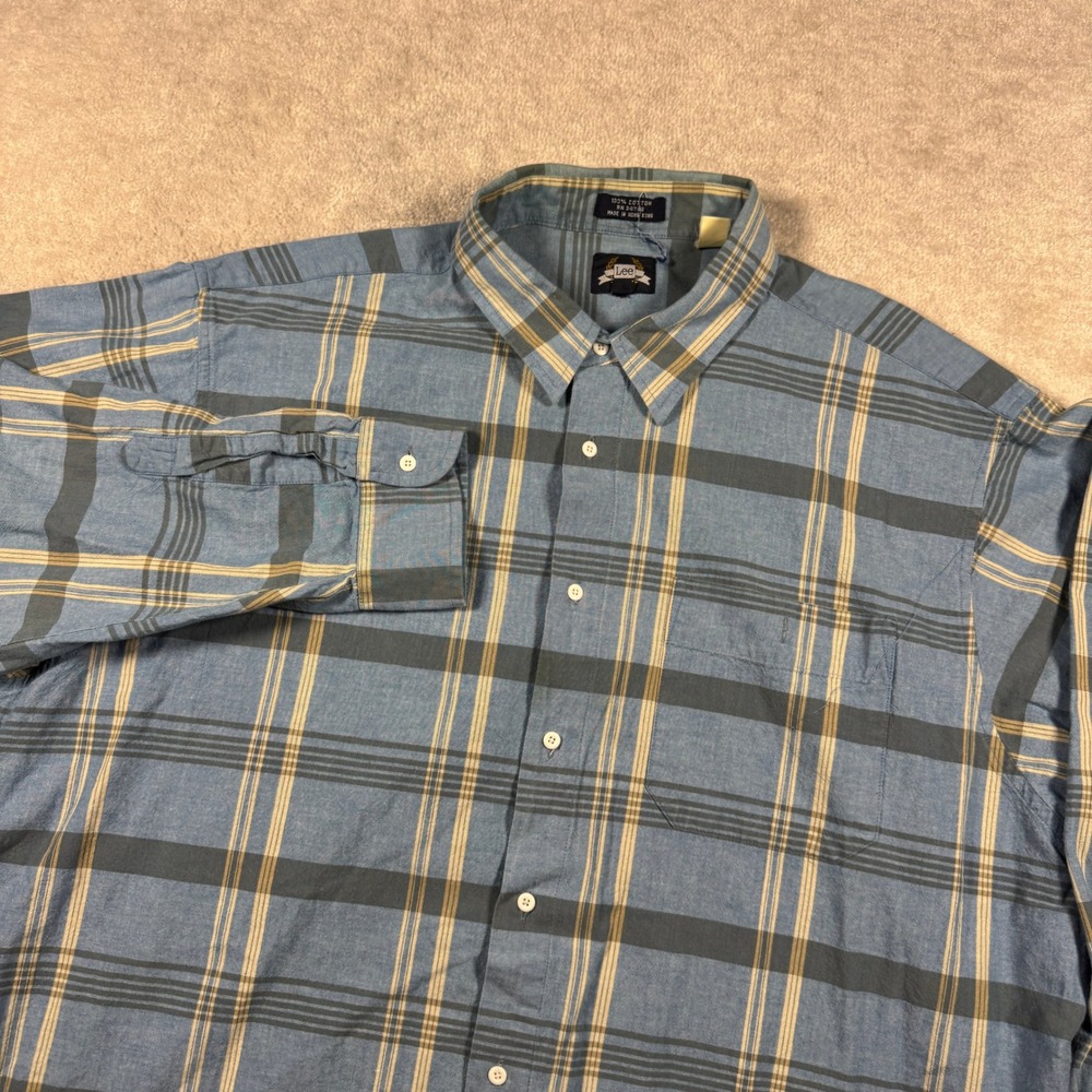 Lee Button Down Shirt Mens XXL Blue Plaid Long Sleeve Cotton Casual Pocket 1577